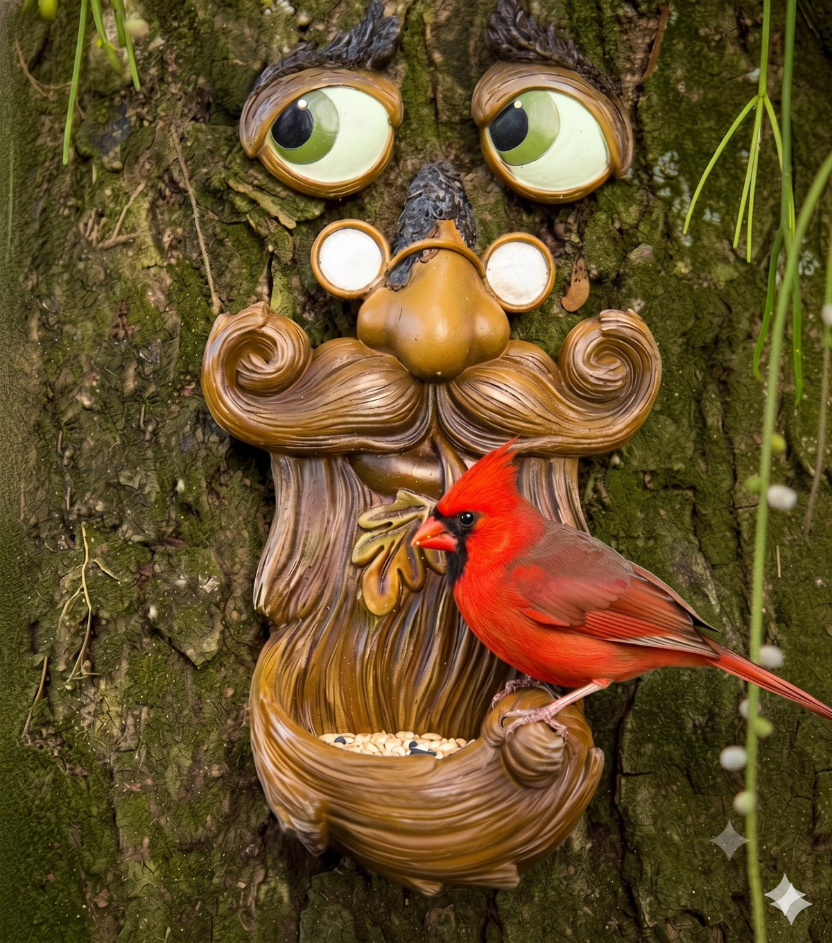 Tree Poetry front view showing face detail and warm brown finish for visual charm