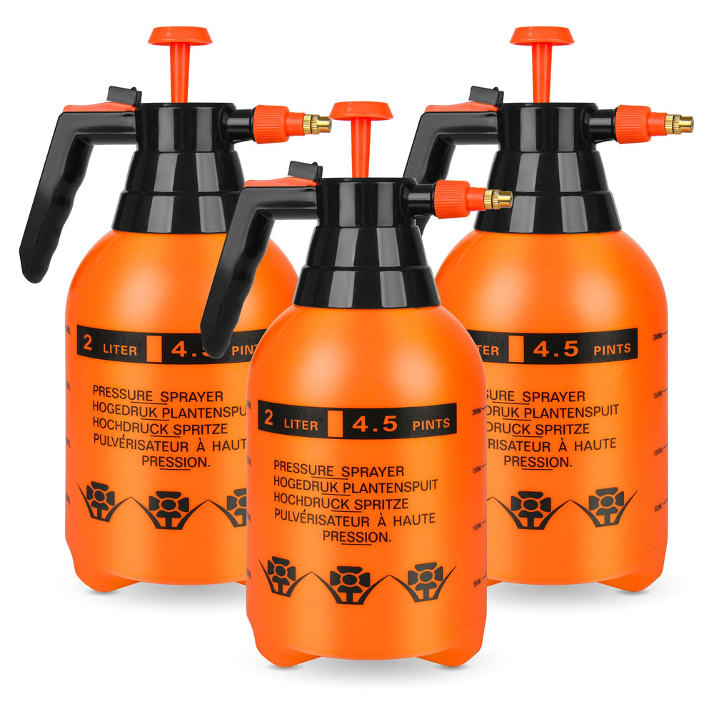 TREEHAC front view of three orange sprayers showing the compact pack, ideal for organization