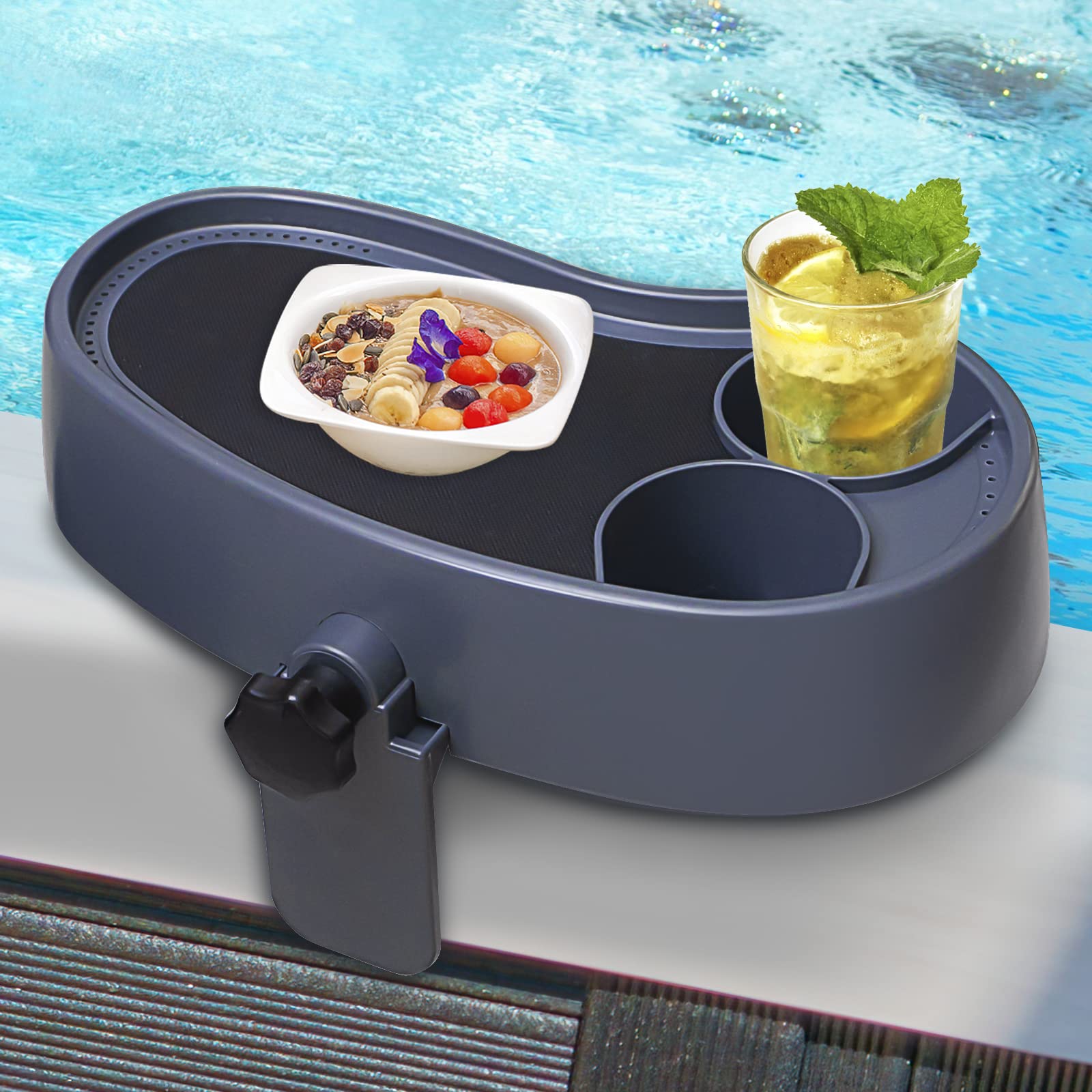 Treerit front view mounted tray showing cup holders and platform benefit stability