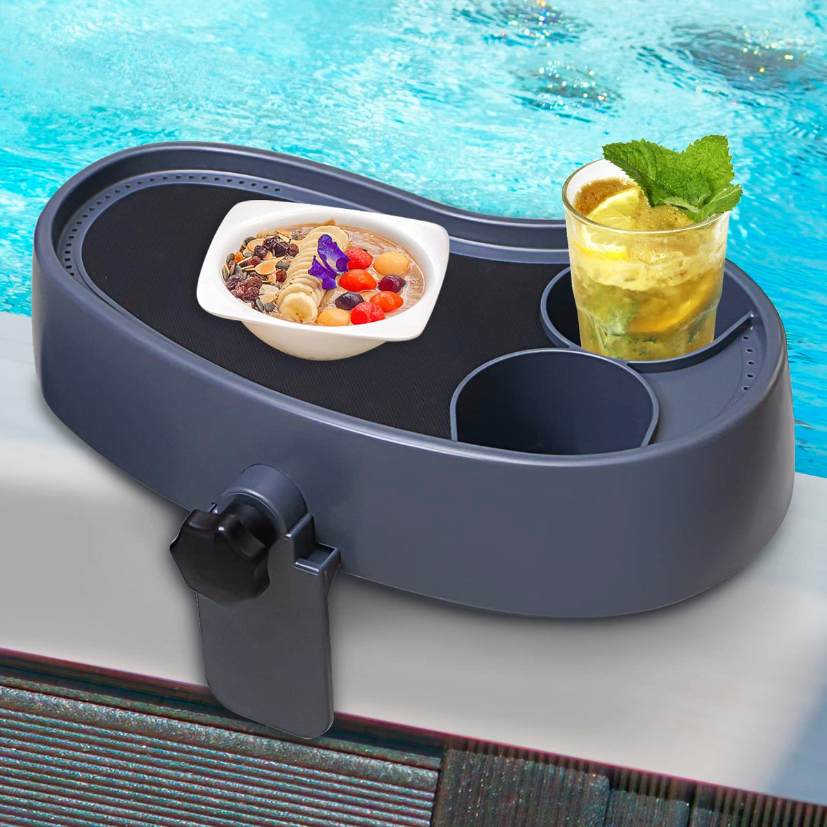 Treerit front view mounted tray showing cup holders and platform benefit stability