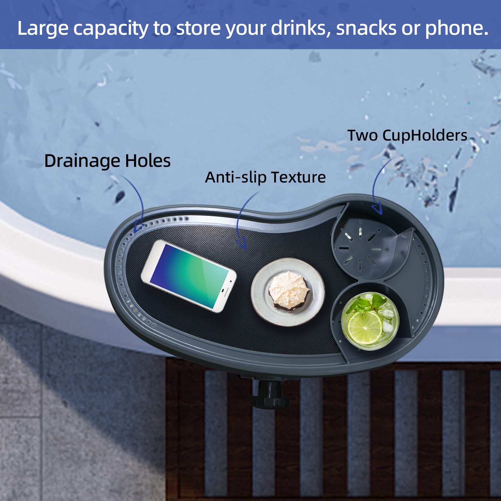 Treerit tray holding drinks and phone keeping items within reach while soaking