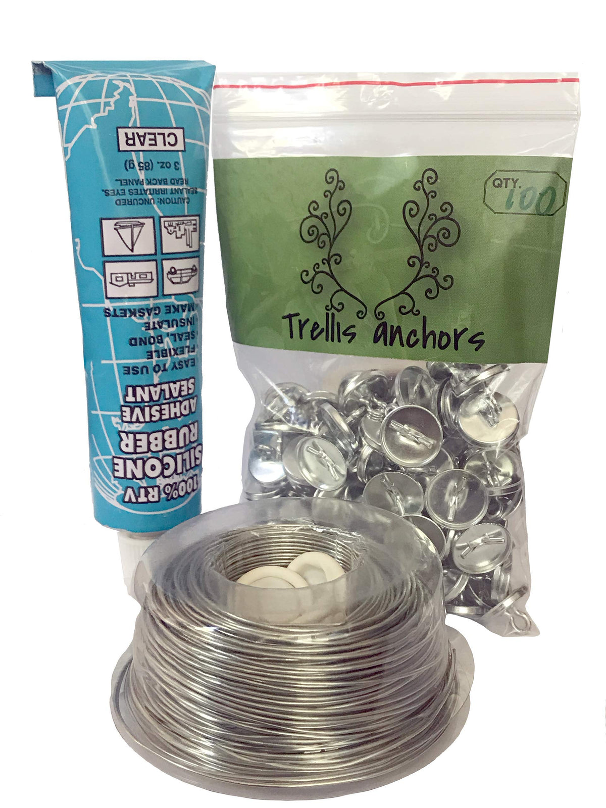 Trellis Anchors front packaging showing kit contents and outdoor use benefits