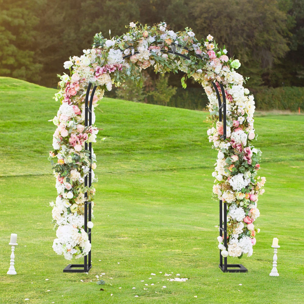Trellume arch lit with string lights creating atmosphere for evening events
