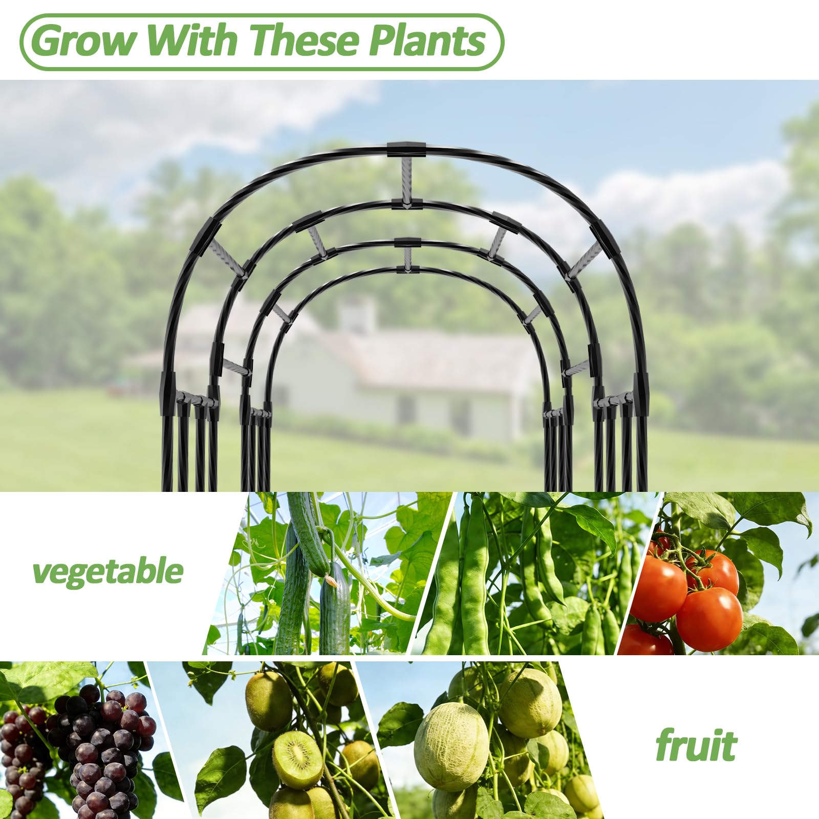 Trellume arch with gardener harvesting produce for easy access