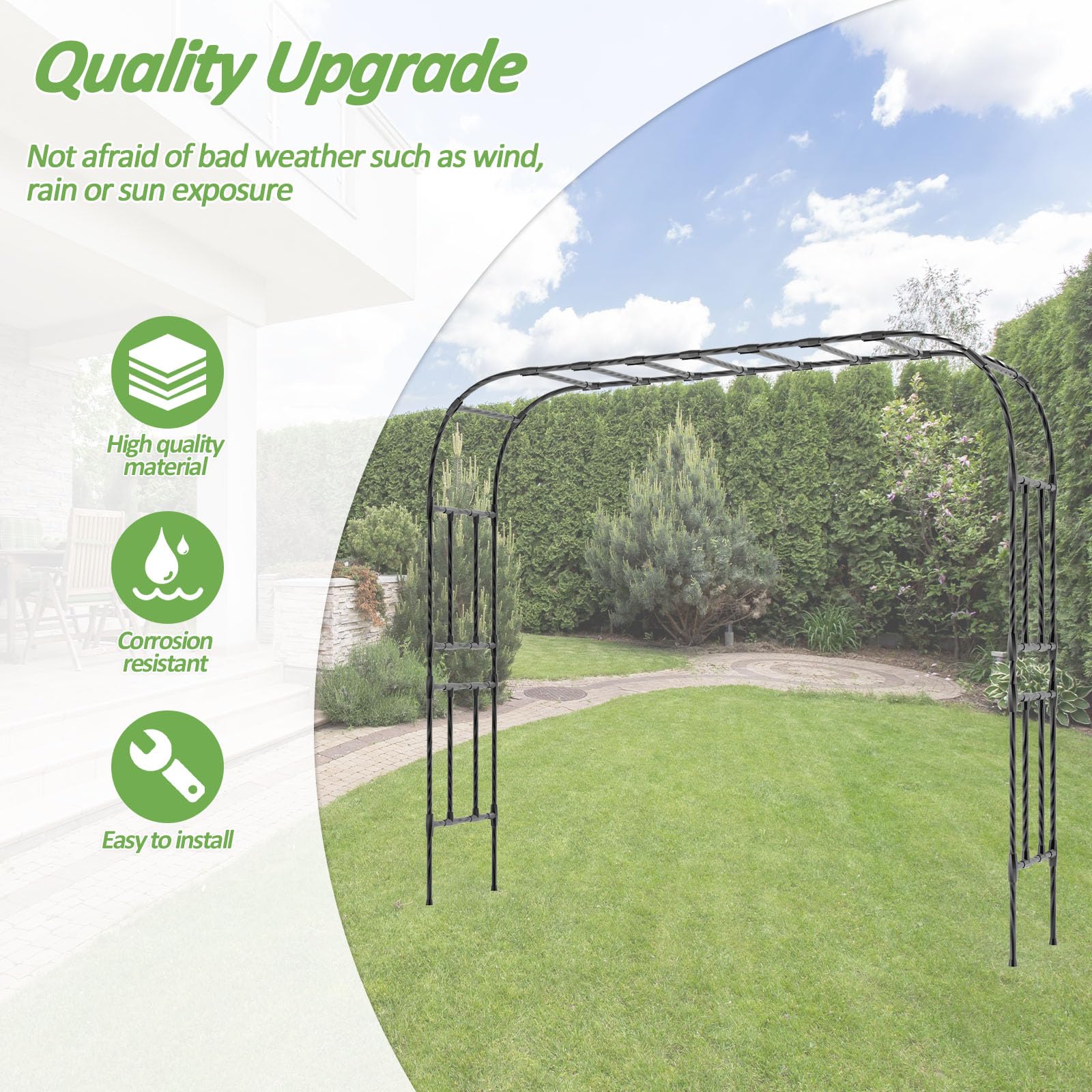 Trellume arch in garden with climbing vines demonstrating plant support and greenery