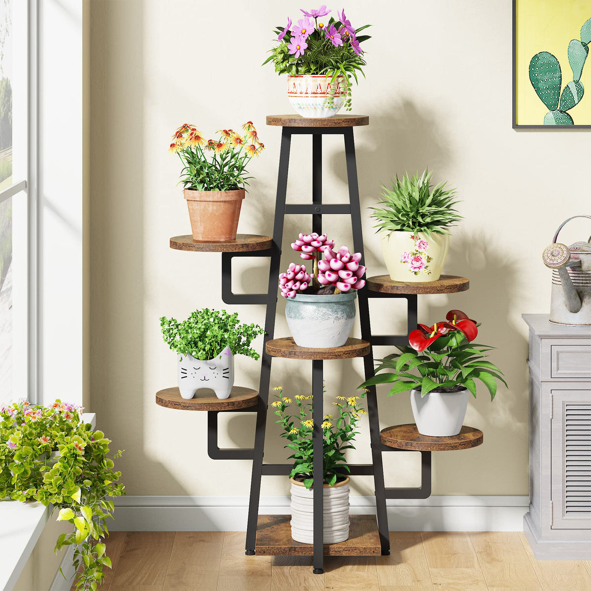 Tribesigns front view of 7-tier plant stand showing full vertical display and space saving