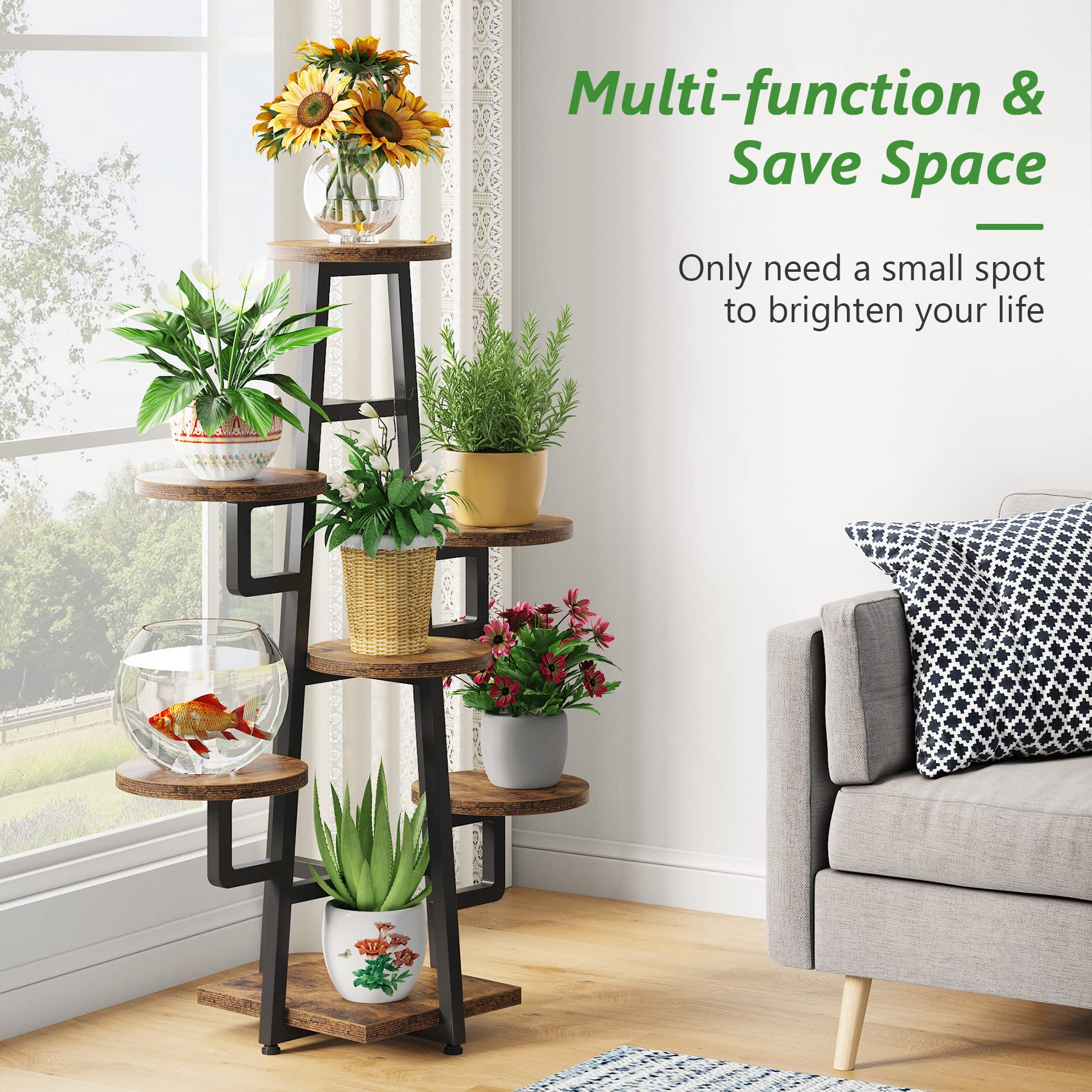Tribesigns plant stand staged in living room adding rustic charm and organization