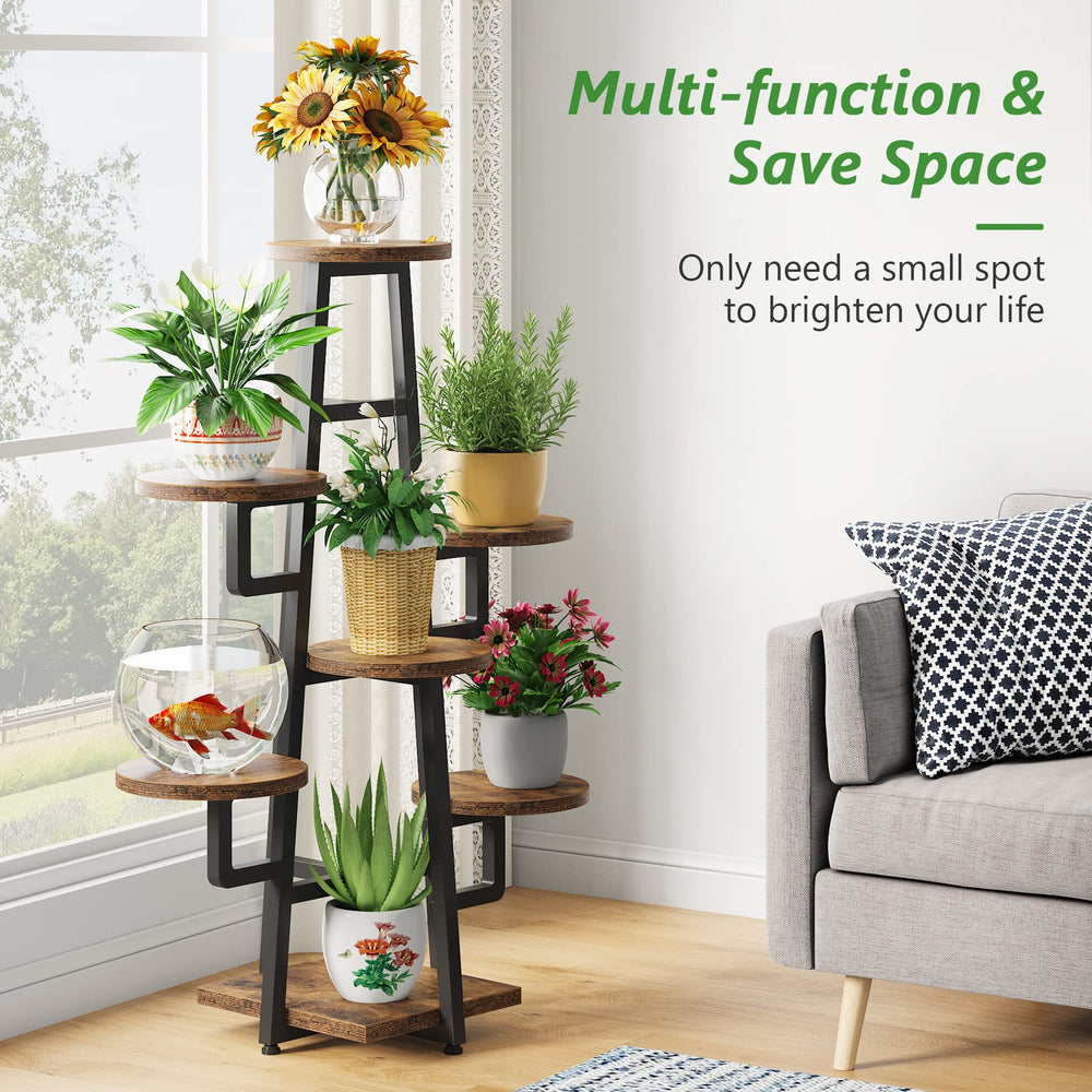Tribesigns plant stand staged in living room adding rustic charm and organization