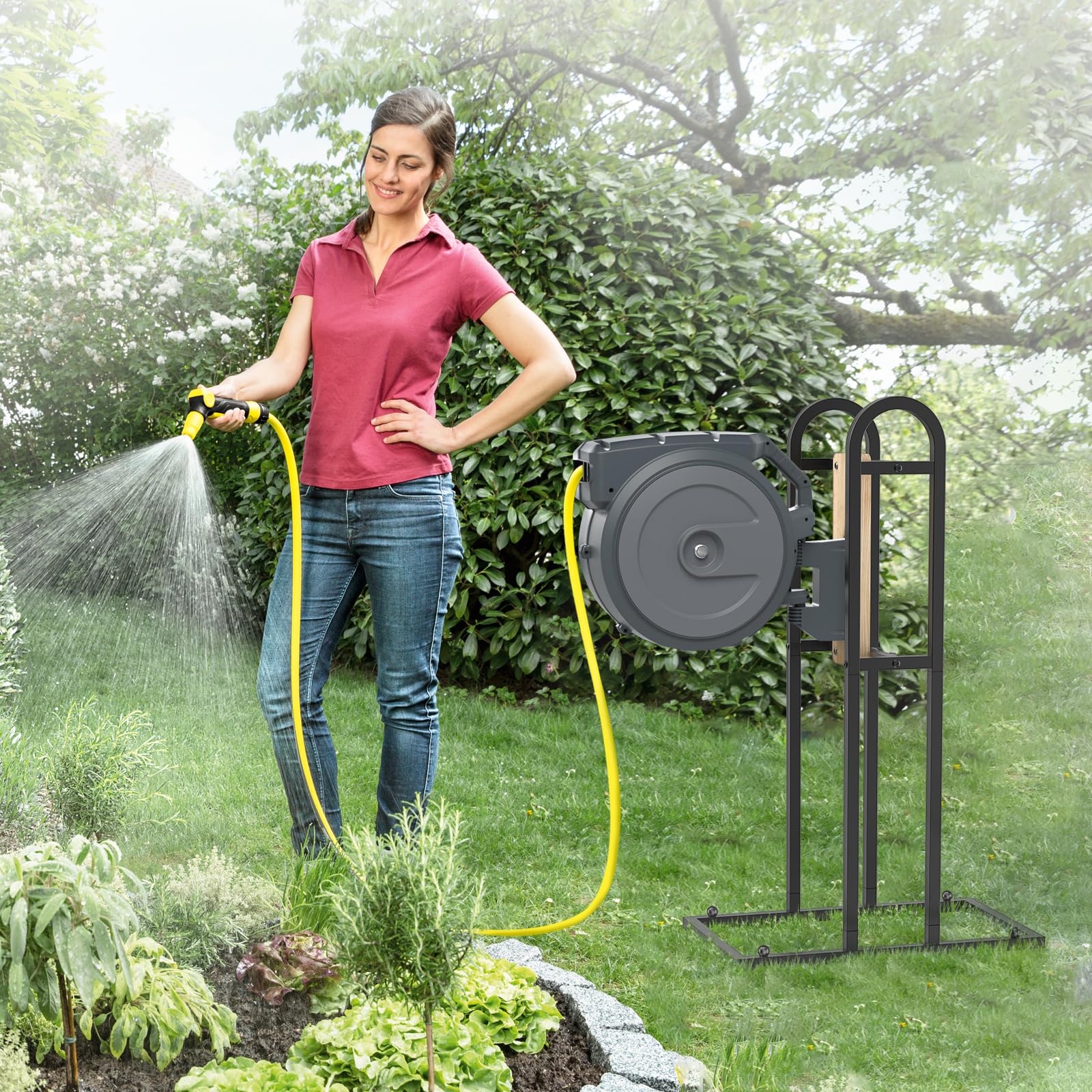 Trieez stand with mounted retractable reel demonstrating no-wall installation advantage