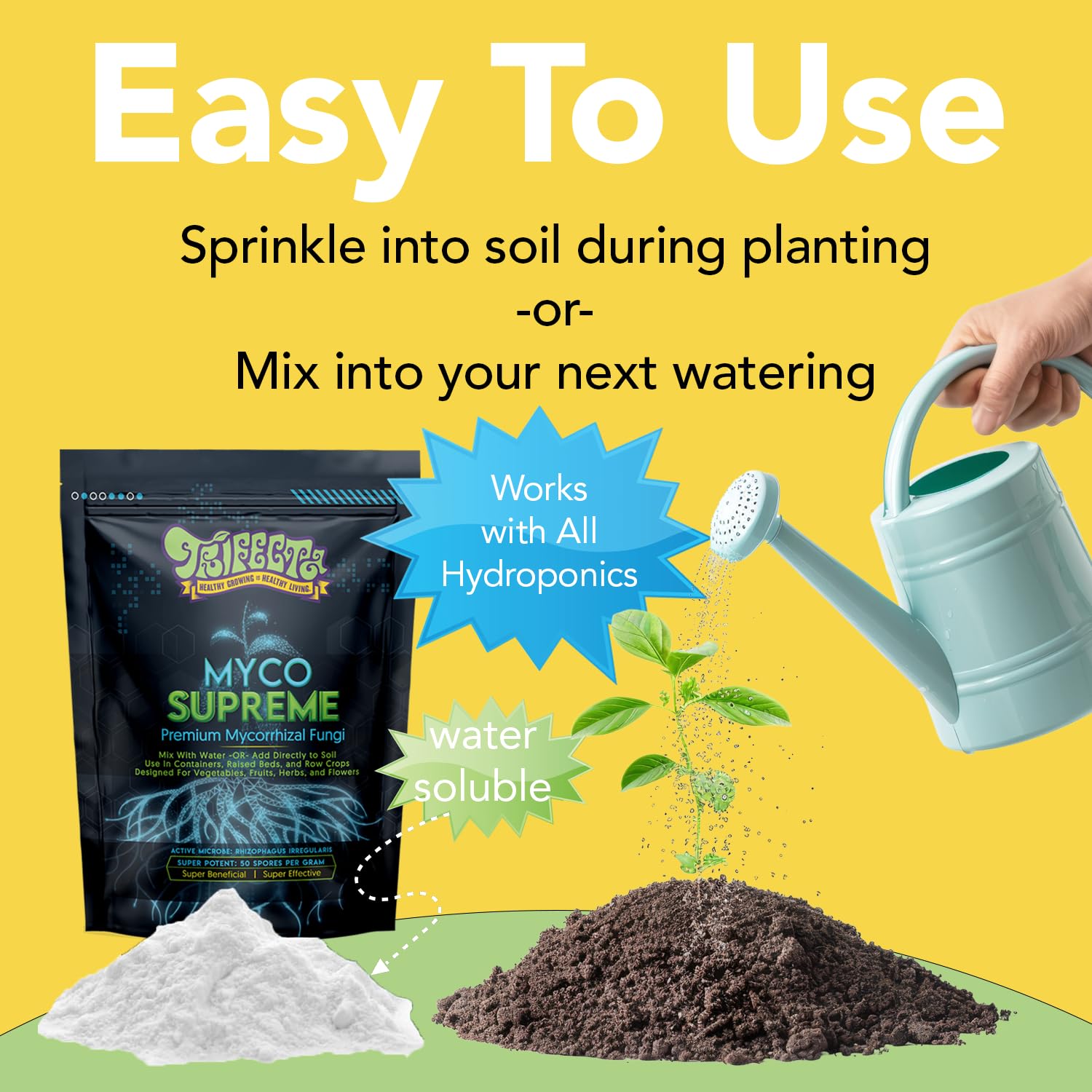 Trifecta Myco Supreme sprinkled into potting soil to boost root uptake