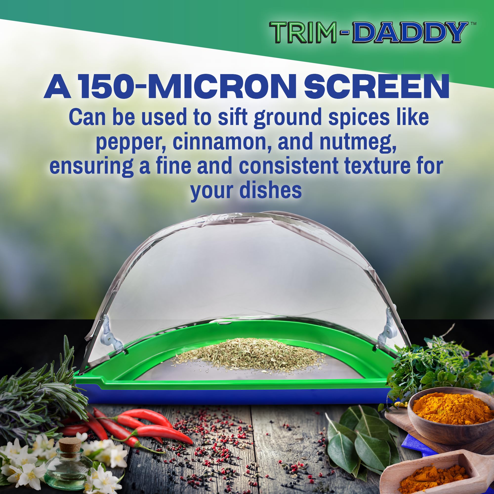 Trim-Daddy lifestyle shot with tray on table demonstrating portability and tidy trimming