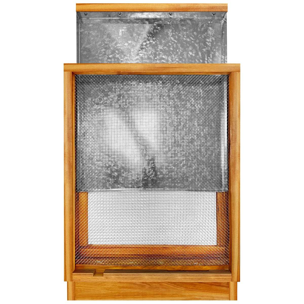 TRINFREE front view of assembled screened bottom board showing fit and ventilation benefit