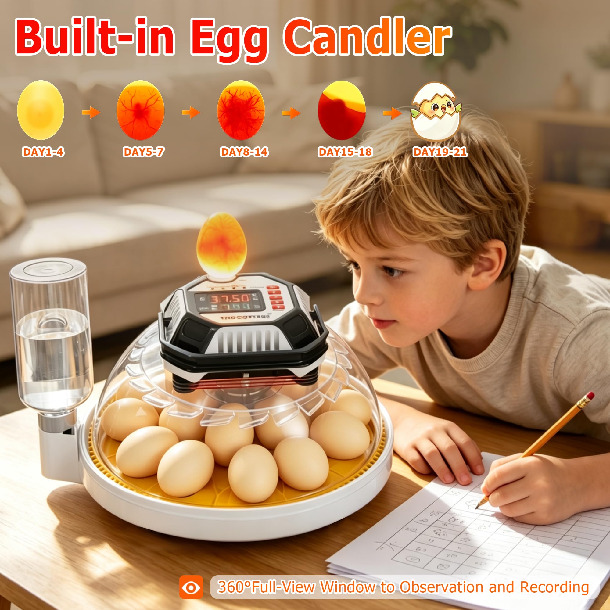 TRIOCOTTAGE built-in LED candler close-up enabling internal embryo checks without opening