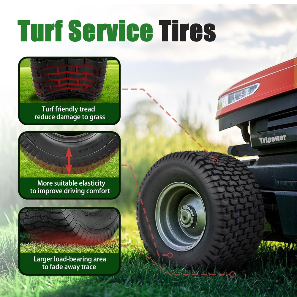 TRIPOWER installed on lawn tractor in grass, improves grip and reduces lawn marks