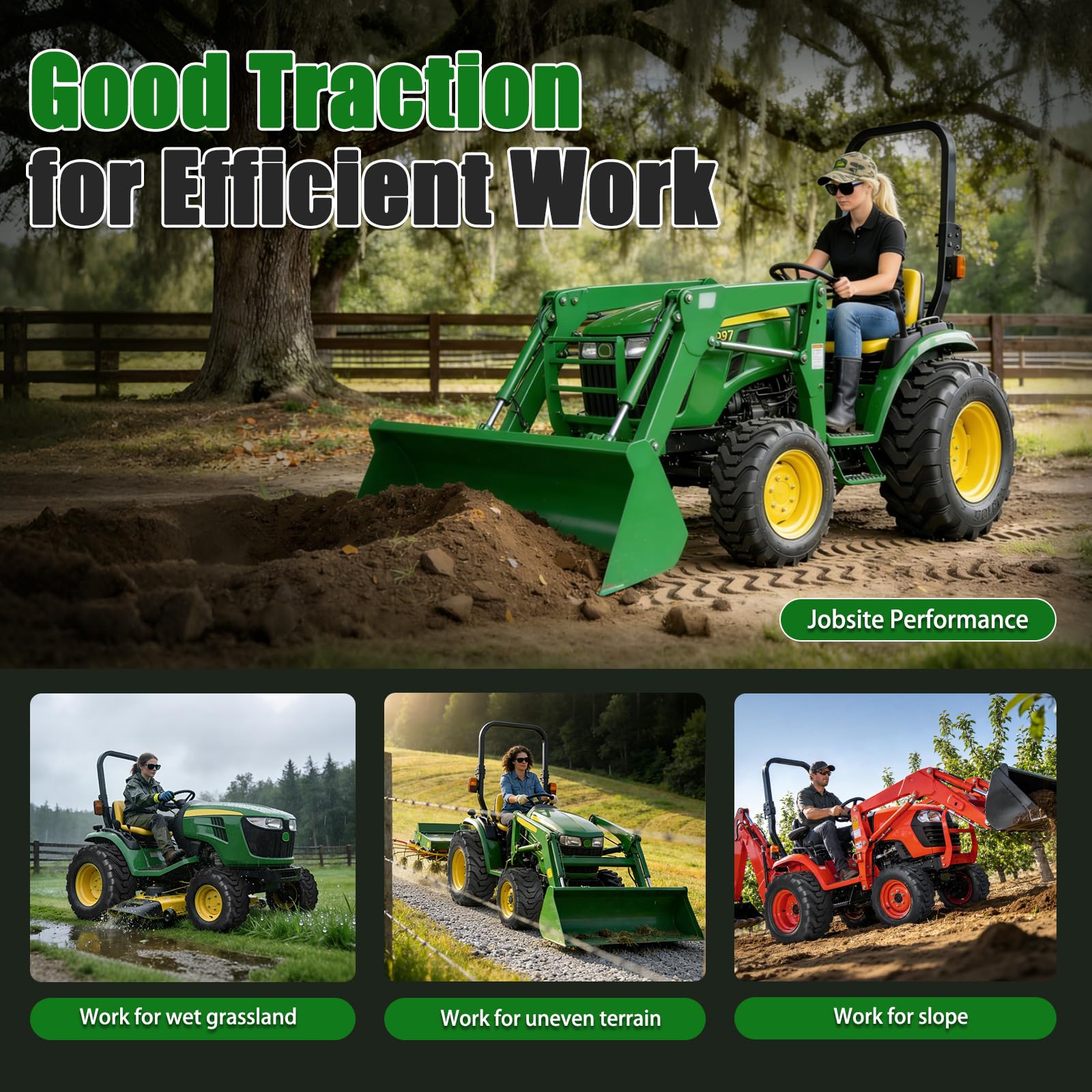 TRIPOWER tires mounted on a garden tractor demonstrating fit and handling benefit