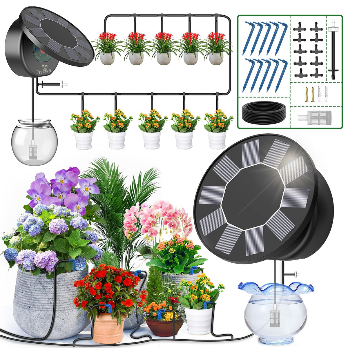 TRJZWA front view of assembled kit showing compact solar-driven irrigation
