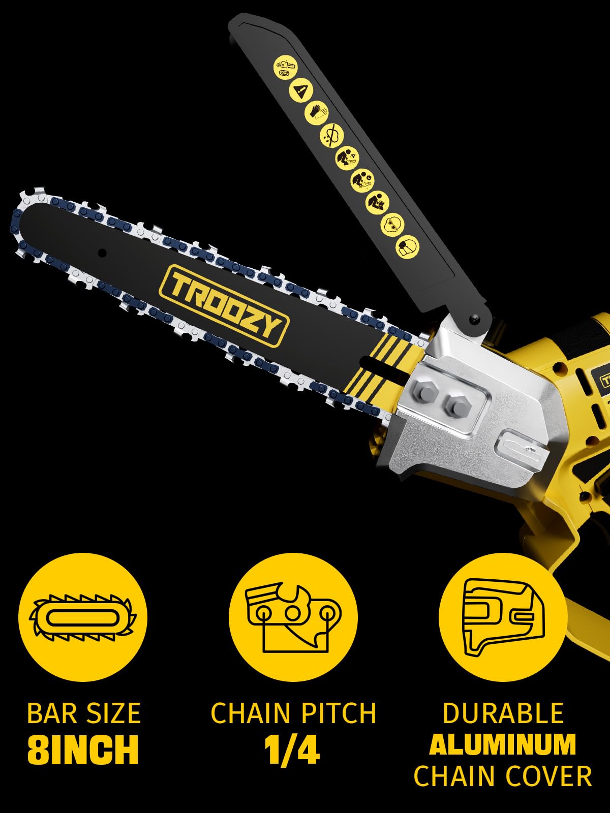 TROOZY close-up of 8-inch bar and chain highlighting precise, consistent cutting performance