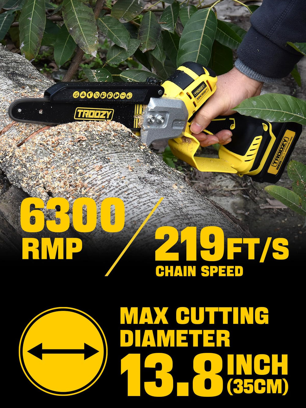 TROOZY 21V 4.0Ah battery pack beside tool emphasizing long runtime and quick recharge