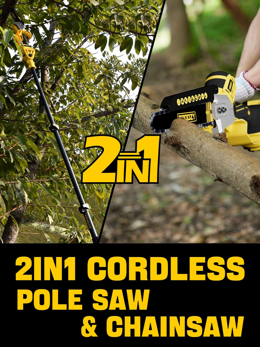 TROOZY extended to 9 feet demonstrating high-reach pruning benefit without a ladder