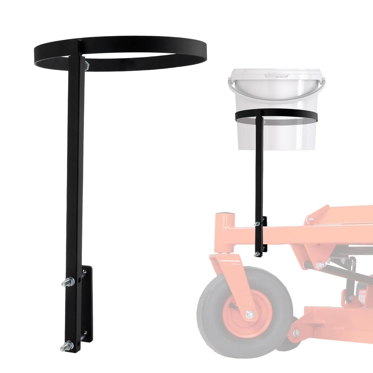 TRUCFUSION bucket holder front-mounted on mower, adds on-board debris storage