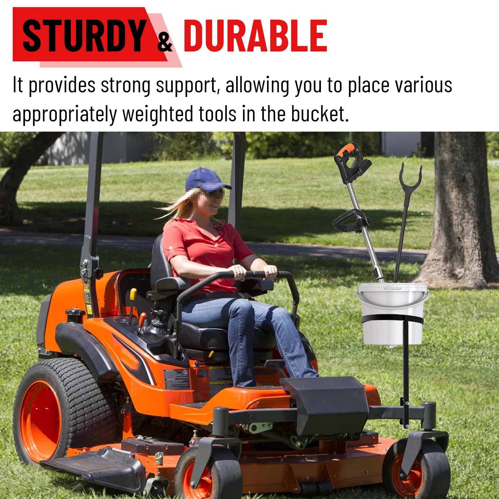 TRUCFUSION lifestyle mowing scene with bucket holder, speeds yard cleanup