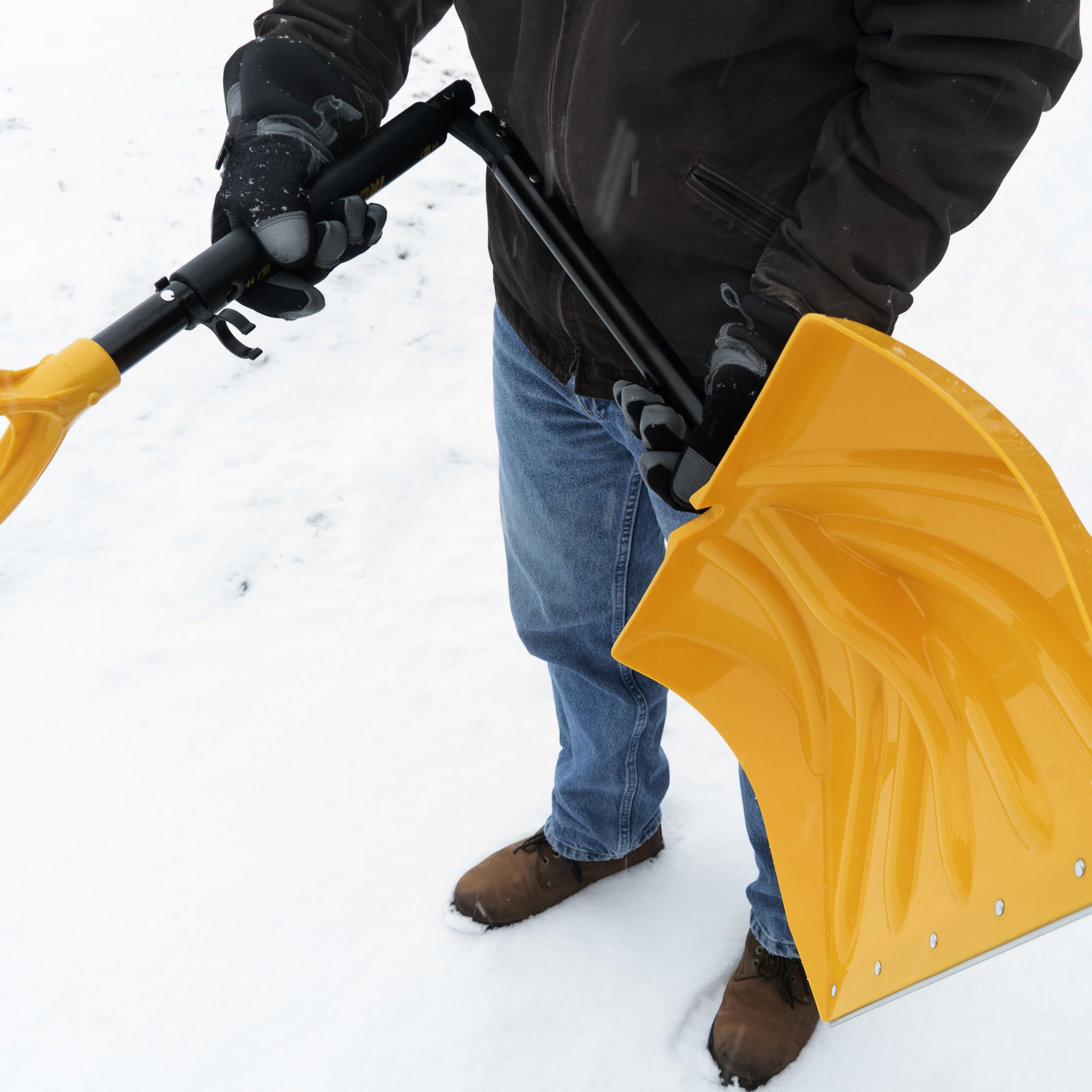 True Temper assembled shovel pushing fluffy snow for efficient clearing