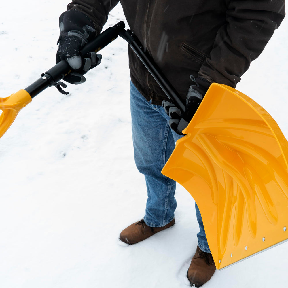 True Temper assembled shovel pushing fluffy snow for efficient clearing