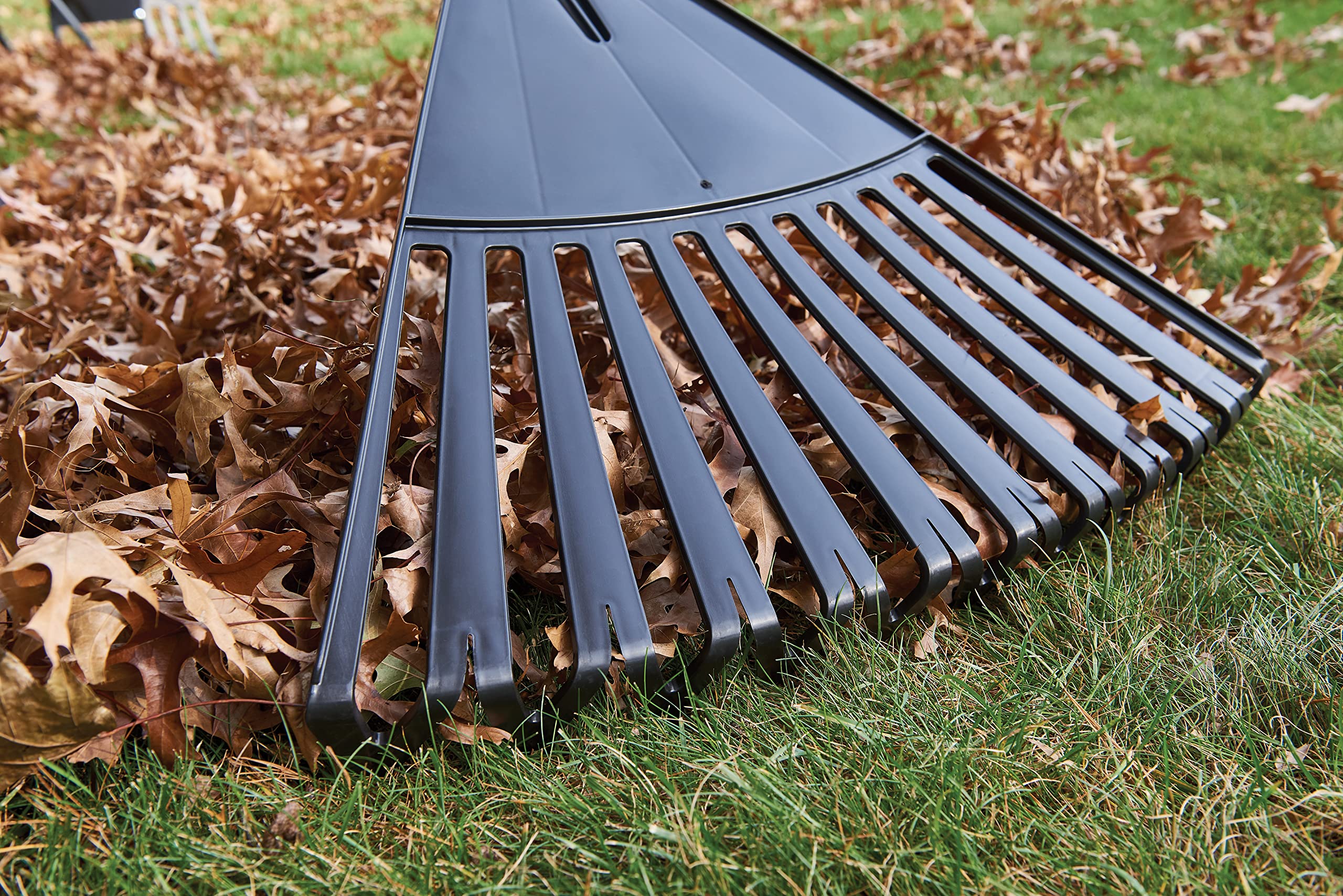 True Temper rake in backyard fall cleanup showing reliable seasonal performance