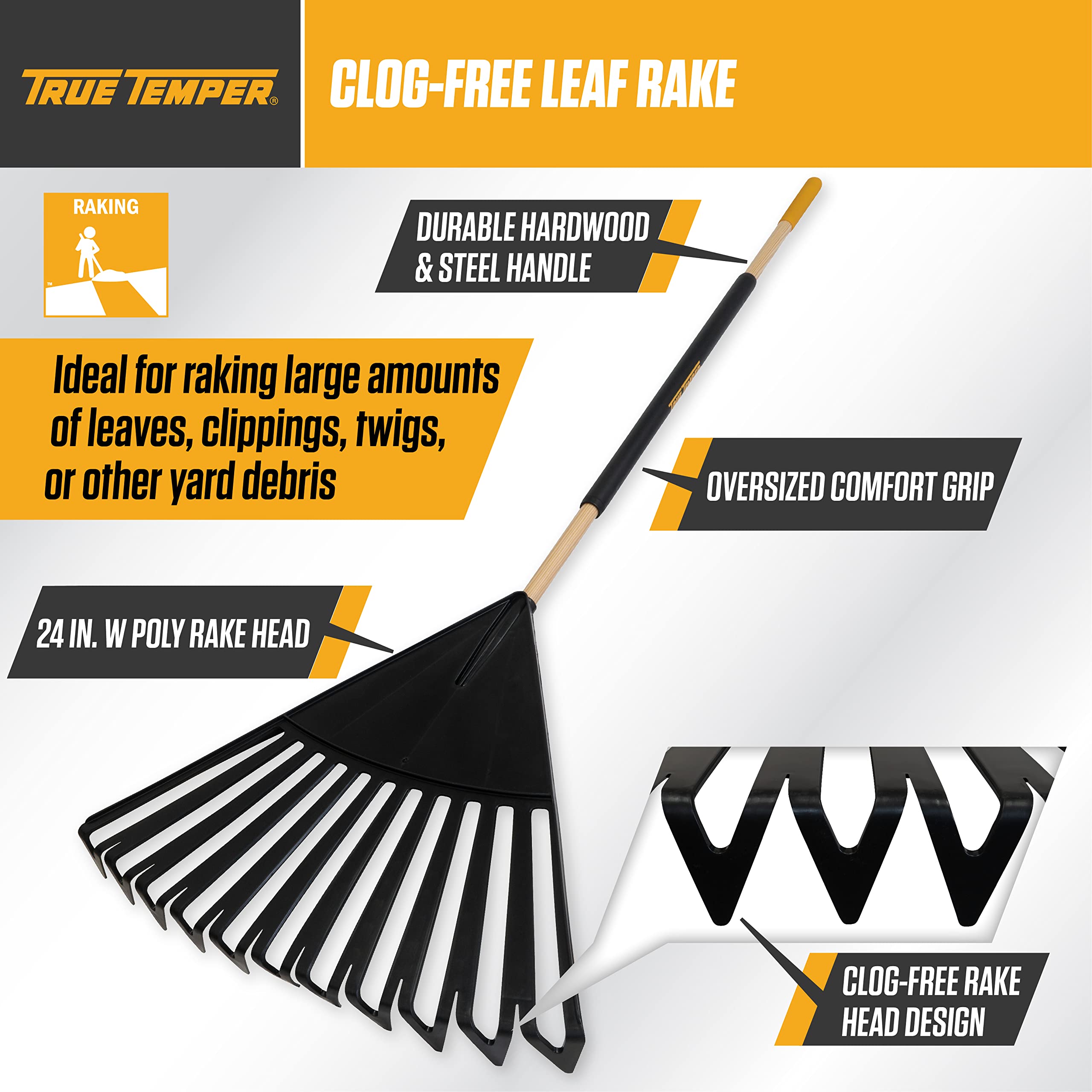 True Temper close-up of rake head tines showing clog-free design benefit