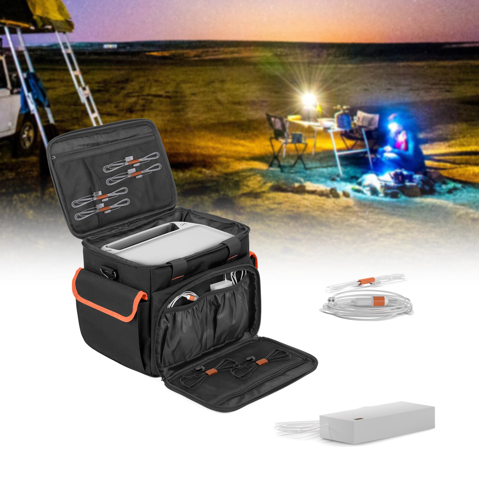 Trunab bag in camping setup keeping power station safe and travel-ready