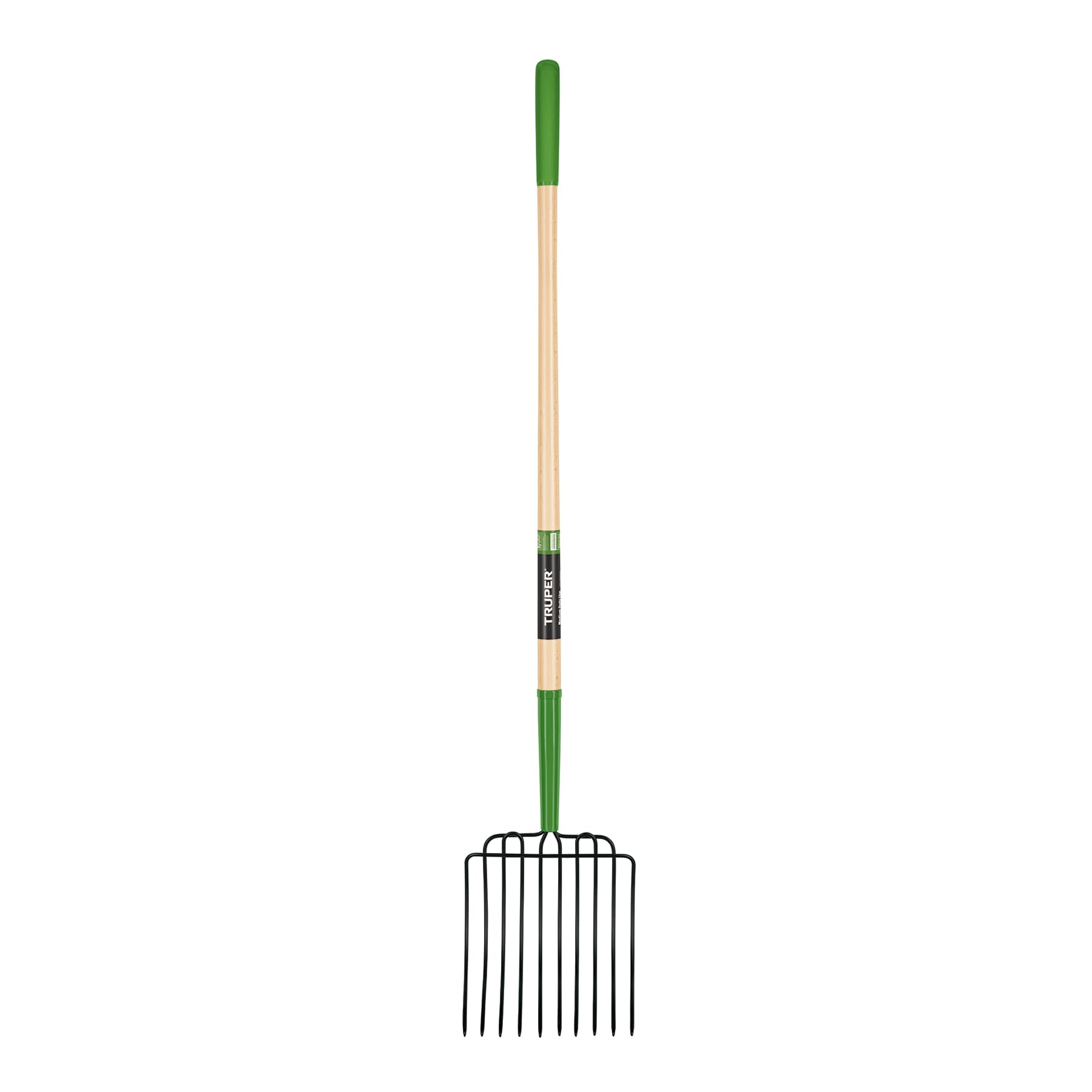 Truper 10-tine forged head front view showing durable tines and efficient pickup