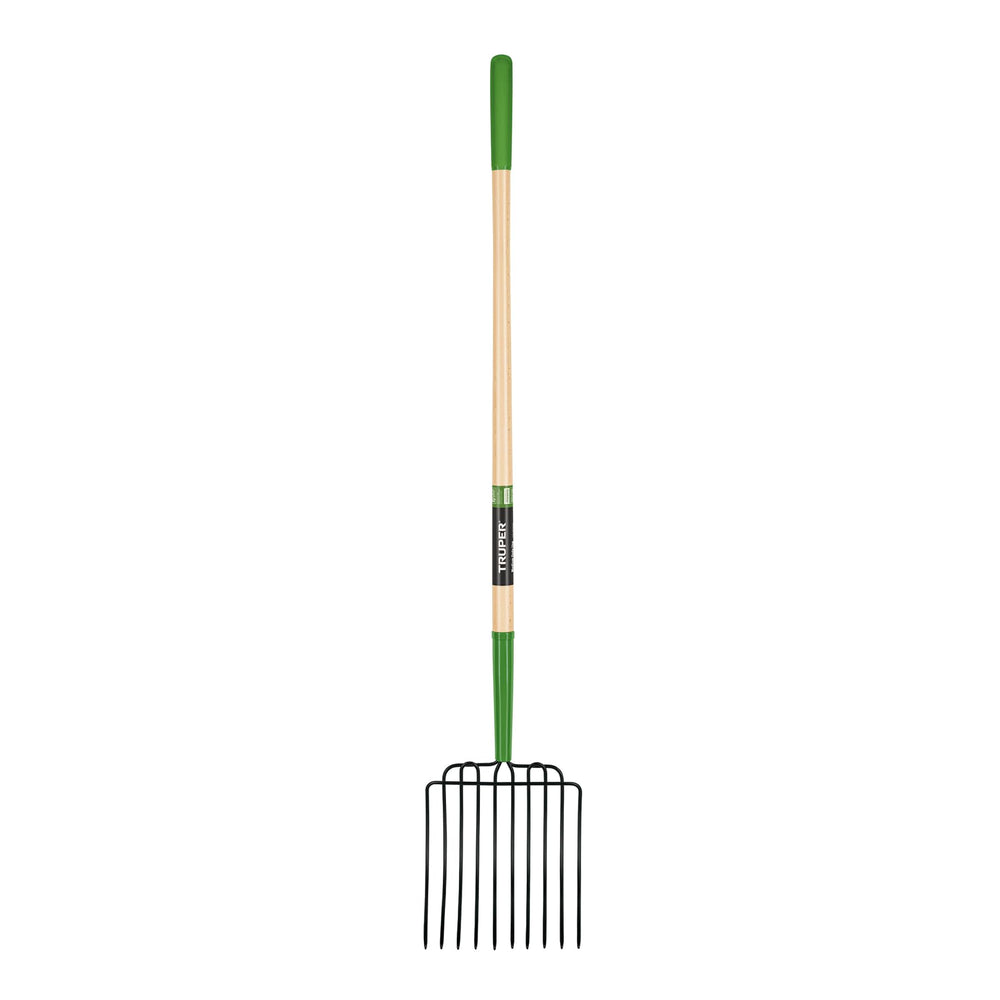 Truper 10-tine forged head front view showing durable tines and efficient pickup