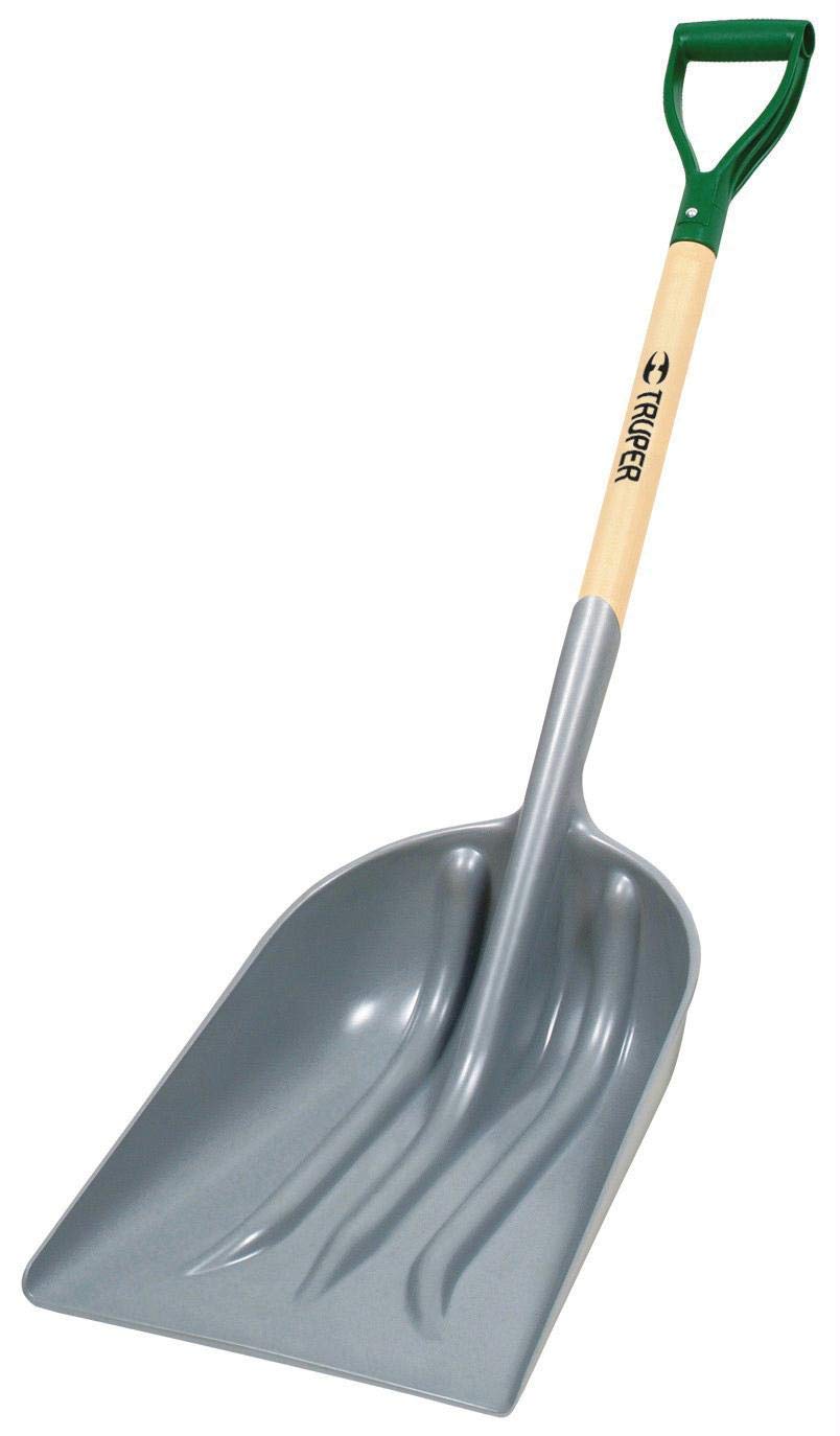 Truper ABS scoop front view showing wide head and D-handle for improved control