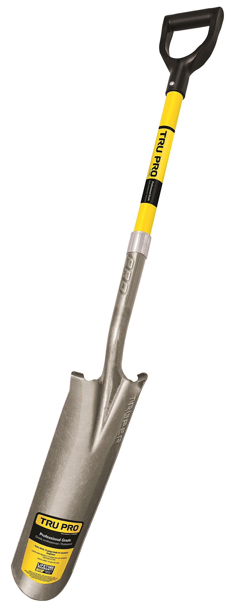 Truper drain spade front view showing blade and D-handle for precise digging