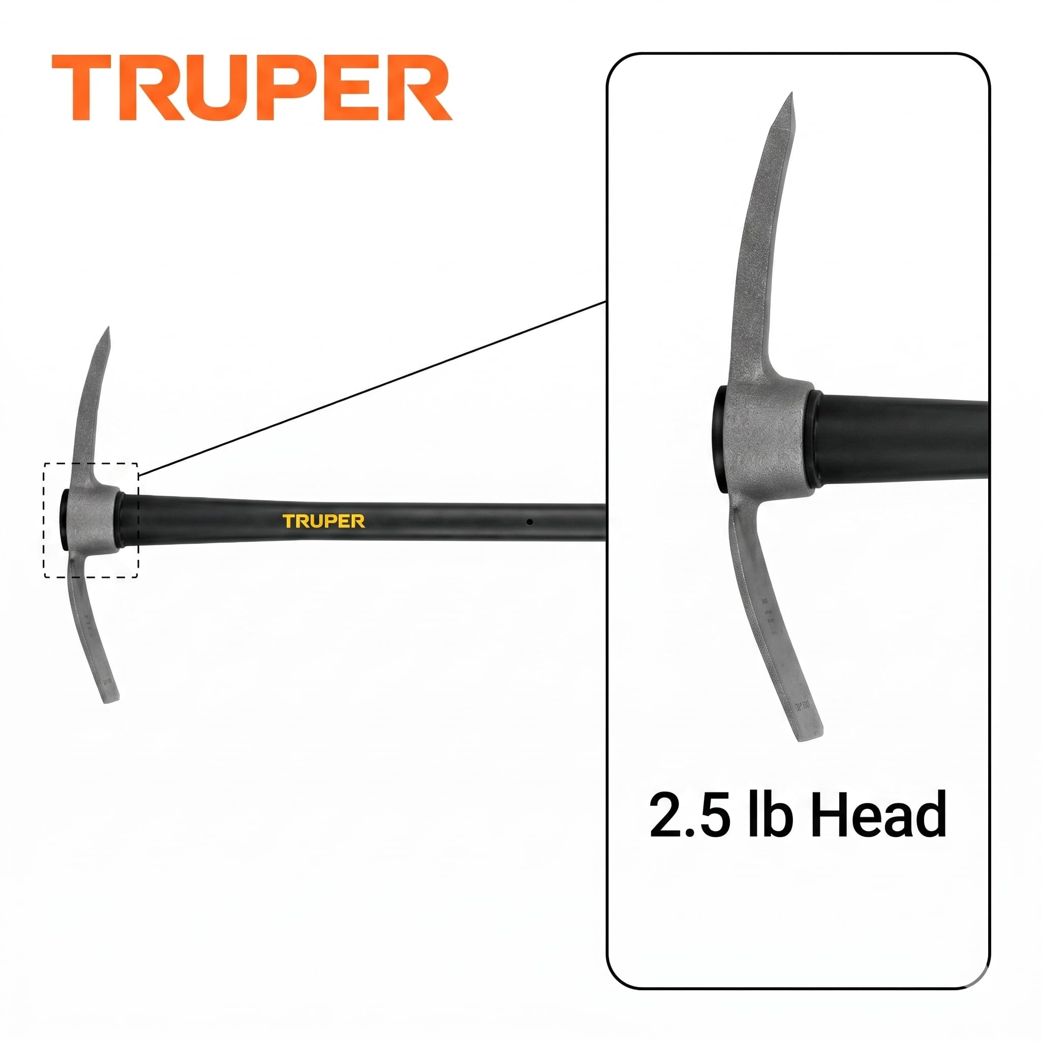 Truper close-up of 36-inch fiberglass handle and rubber grip for reduced shock