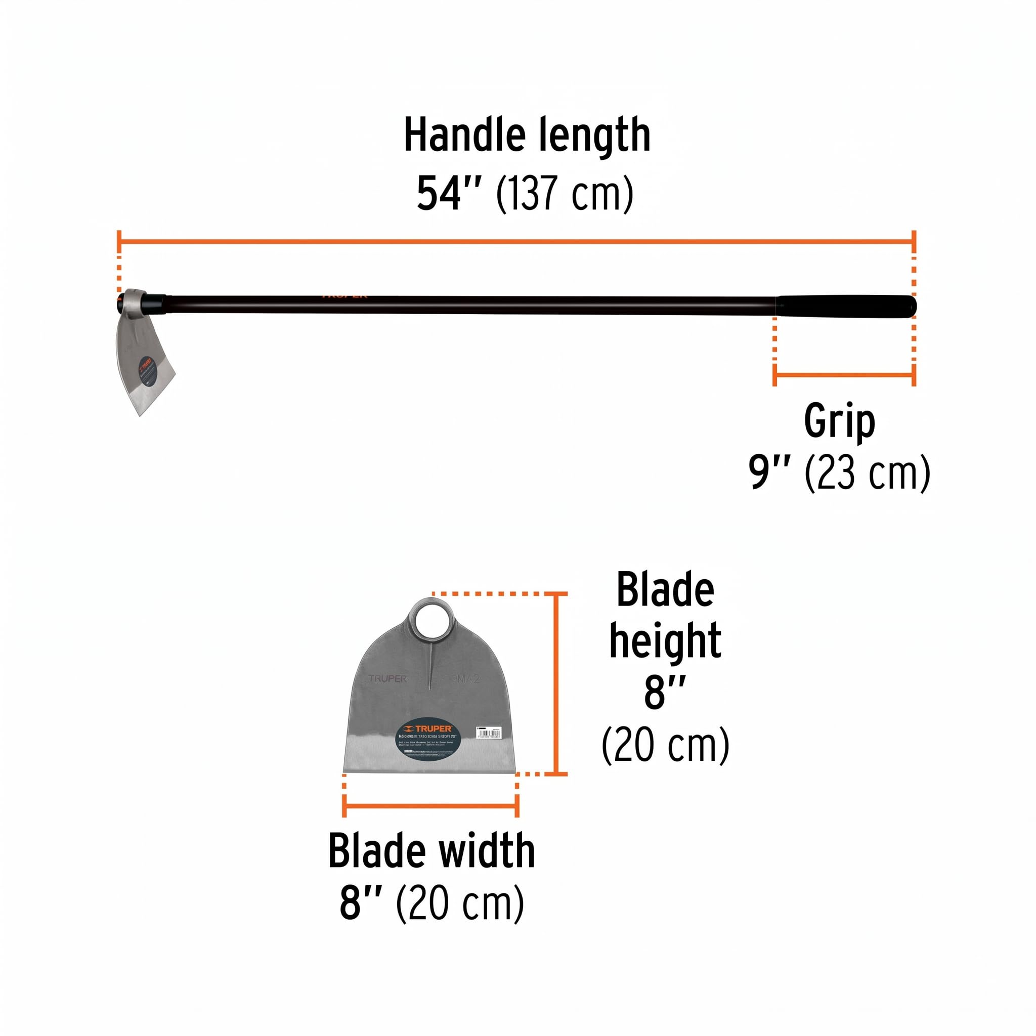 Truper lane hoe head closeup highlighting forged steel blade for soil penetration