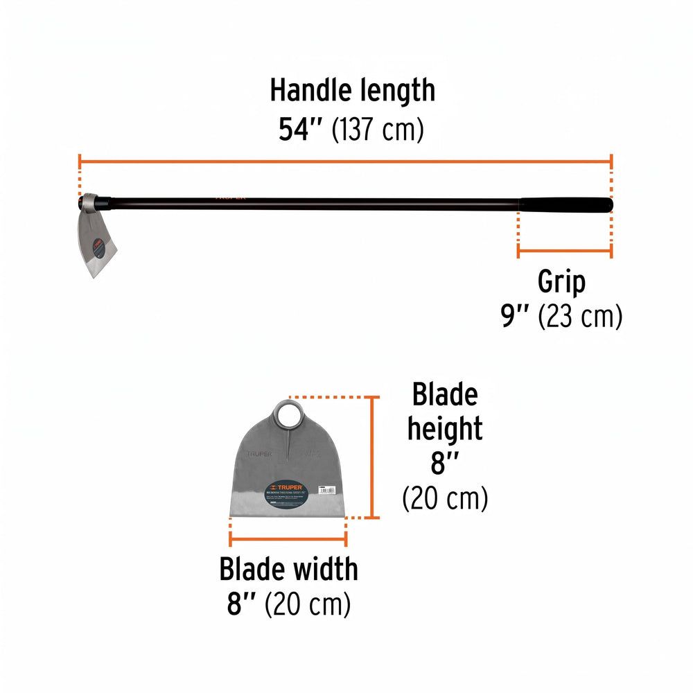 Truper lane hoe head closeup highlighting forged steel blade for soil penetration