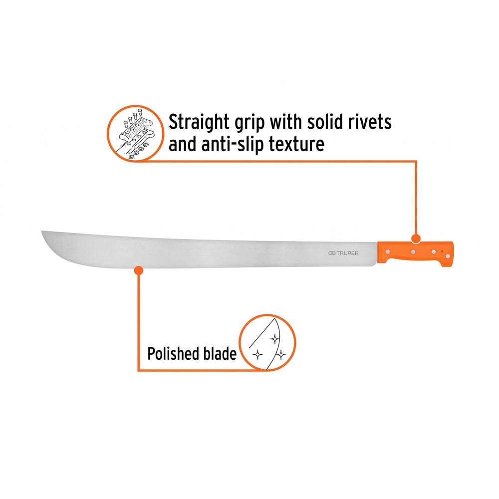 Truper machete blade edge detail highlighting high-carbon steel durability