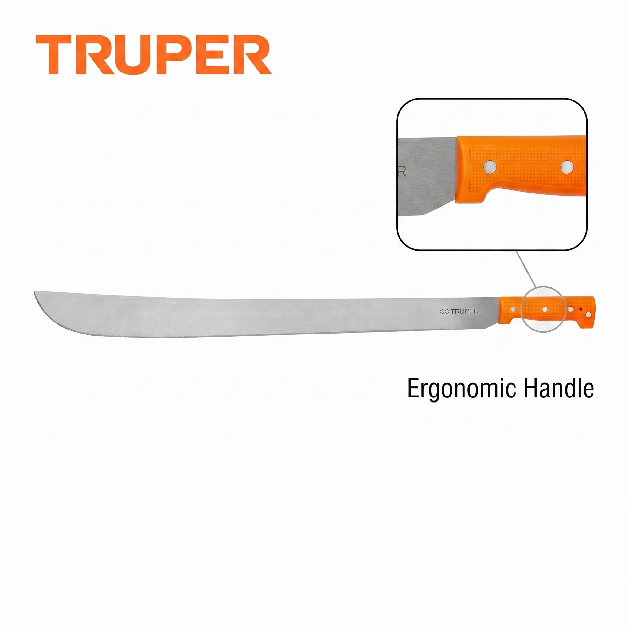 Truper machete ergonomic orange handle close-up for secure comfortable grip
