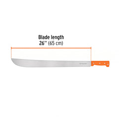 Truper machete cutting dense brush in field demonstrating fast clearing power