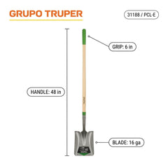 Truper shovel 16-gauge blade close-up highlighting durable steel edge for heavy work