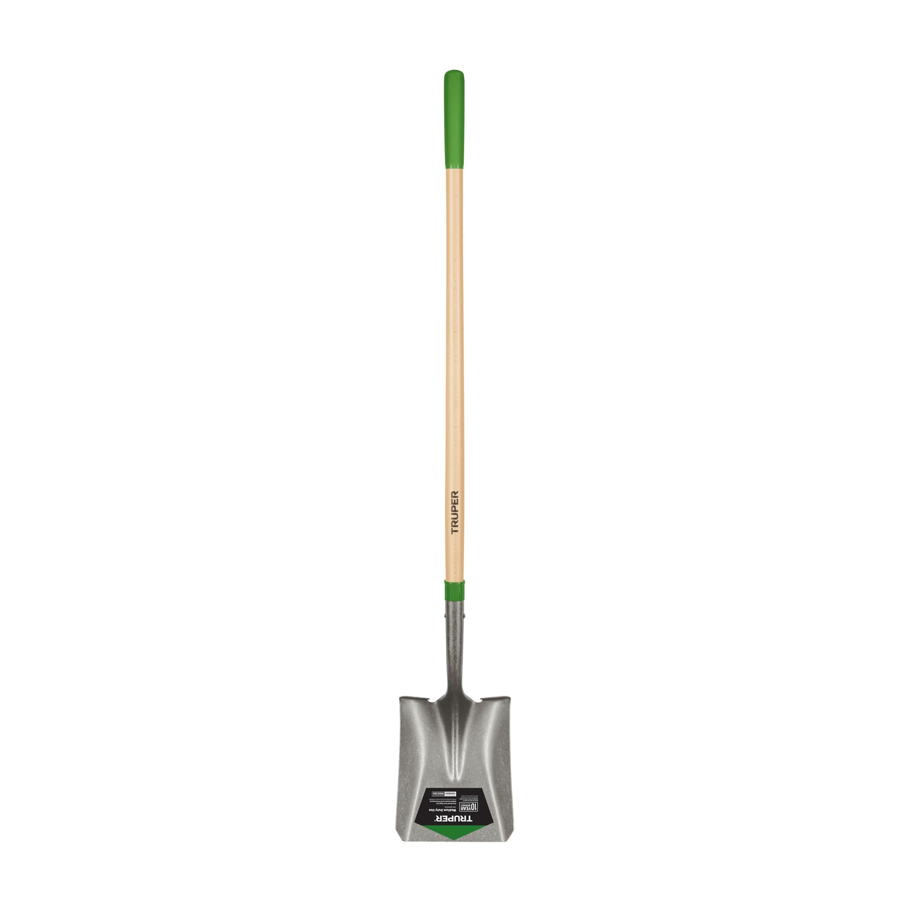 Truper square-point shovel front view showing blade and handle for efficient scooping