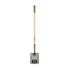 Truper square-point shovel front view showing blade and handle for efficient scooping