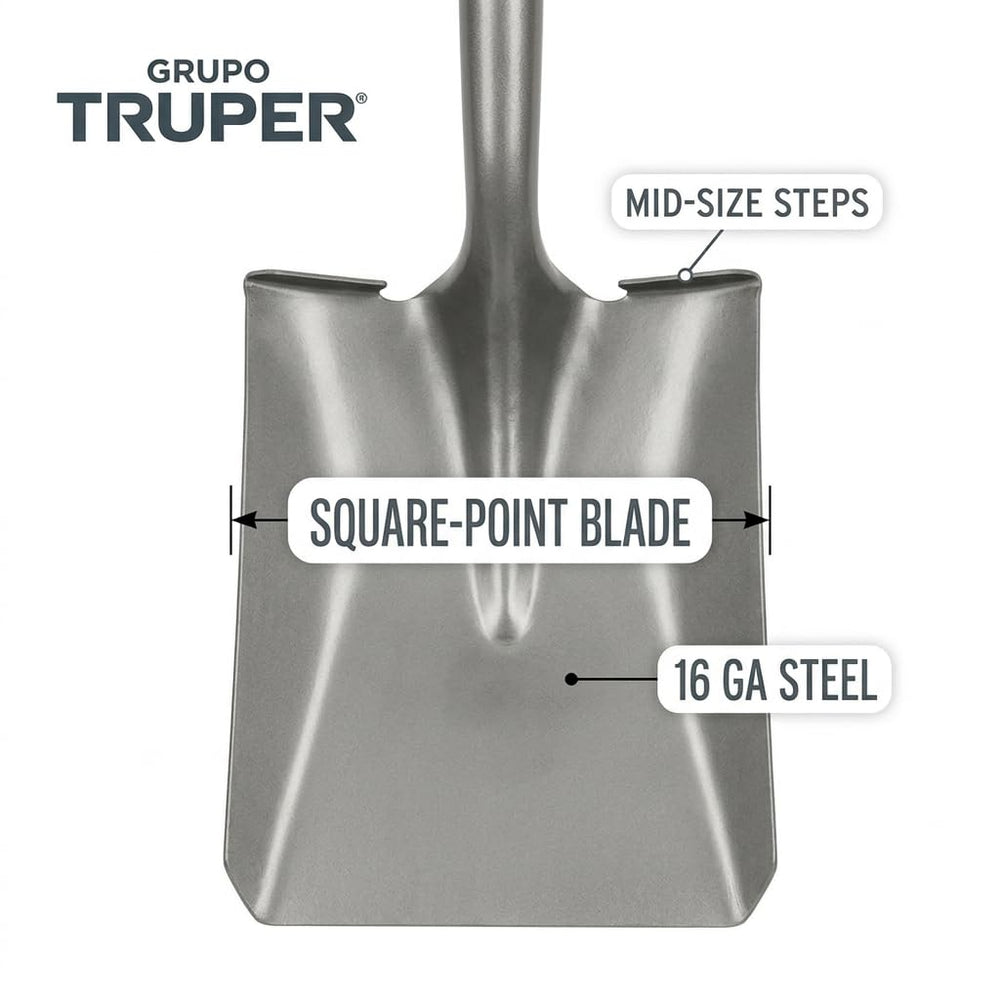 Truper shovel wood handle and 6-inch grip detail for improved control and comfort