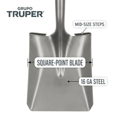 Truper shovel wood handle and 6-inch grip detail for improved control and comfort