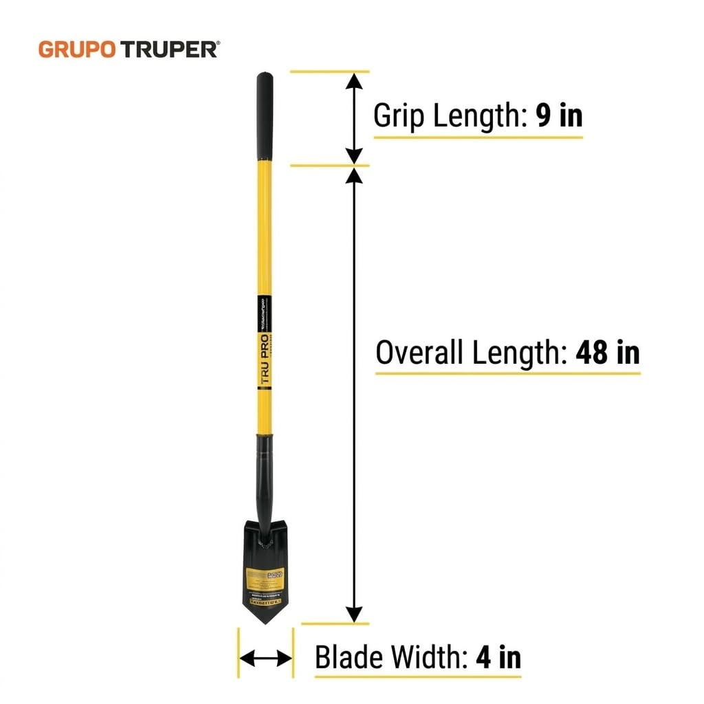 Truper TruPro shovel next to ruler for scale showing 48-inch handle