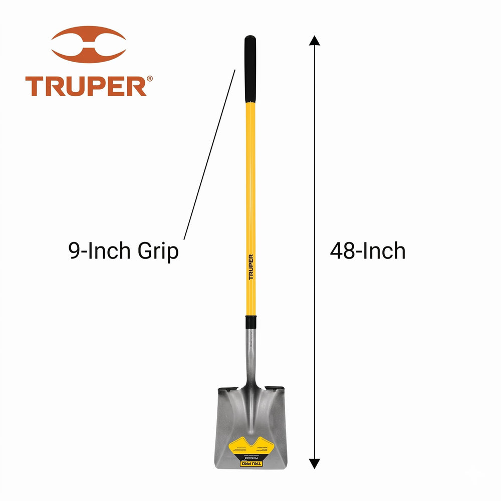 Truper Tru Pro close-up of square-point blade edge showing reinforced construction and clean scoops