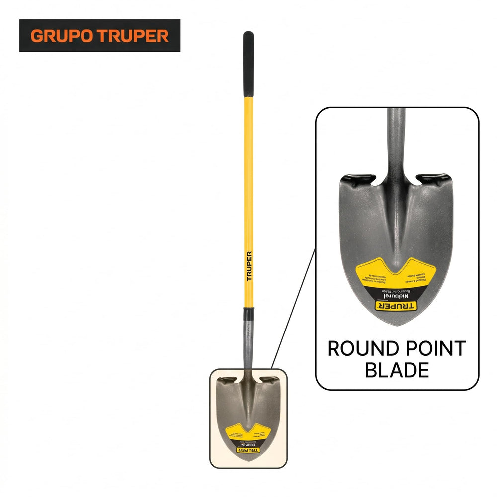 Truper Tru Pro close-up of round-point blade and reinforced collar benefit impact resistance