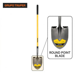 Truper Tru Pro close-up of round-point blade and reinforced collar benefit impact resistance