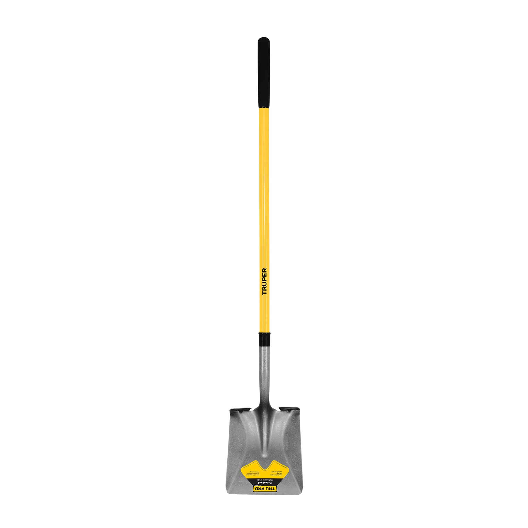 Truper Tru Pro front view of shovel showing square blade and full length, durable performance